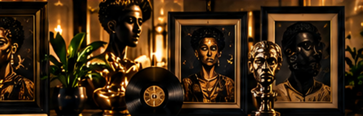 Framed gold-leaf portraits, bronze and black sculpted busts, a vinyl record and a potted plant in a warmly lit gallery.