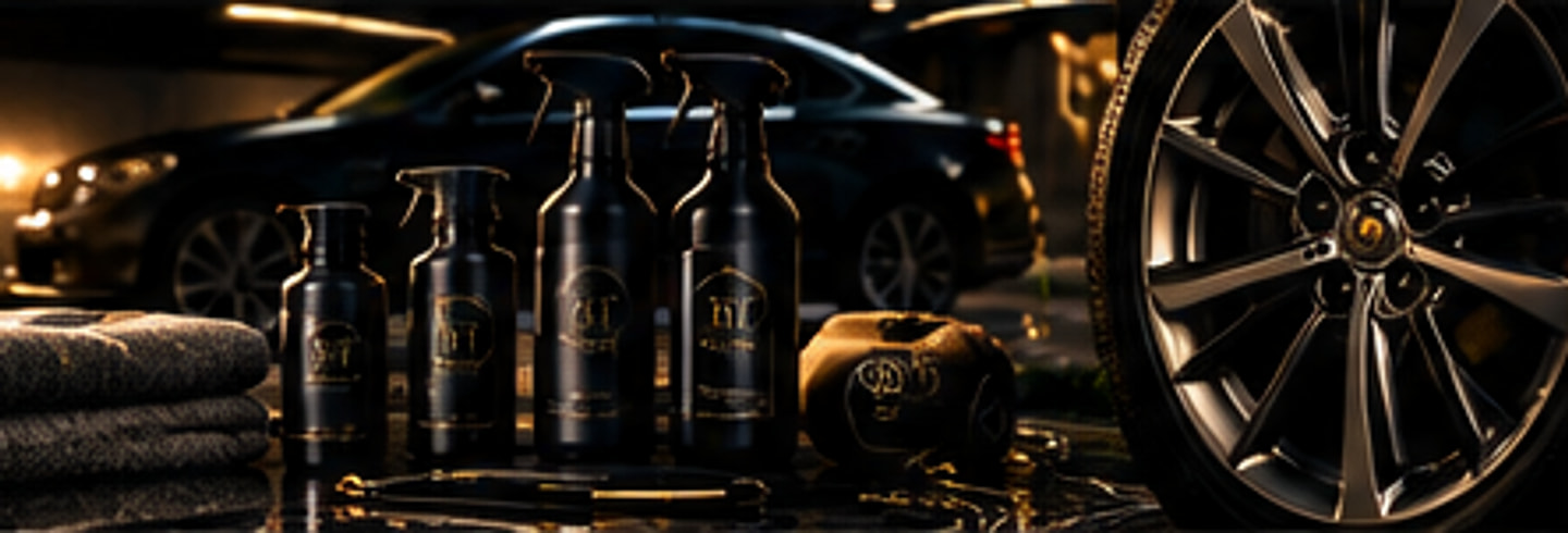 Black detailing spray bottles, folded microfibre towels, a polishing pad and an alloy wheel in front of a dark car under showroom light.