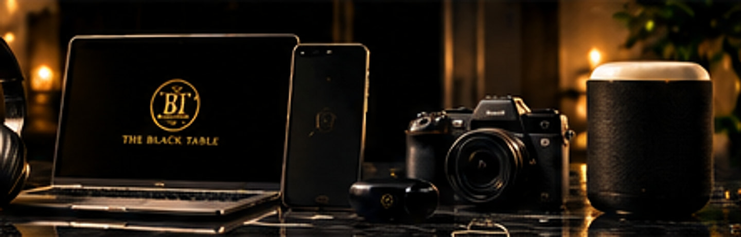 A black laptop, a phone, over-ear headphones, a mirrorless camera and a fabric smart speaker on lit black marble.