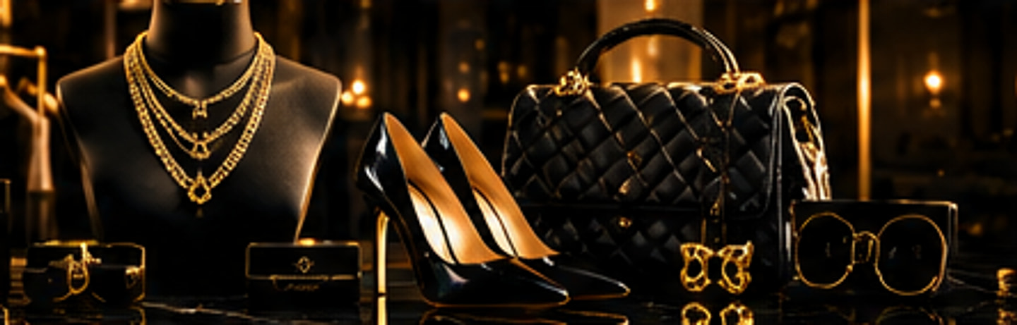 A sculpted black bust wearing layered gold chains beside black patent heels, a quilted black handbag with a gold handle, gold earrings and sunglasses on lit black marble.