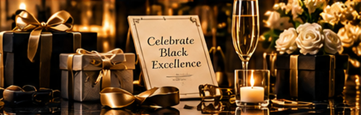 Ribboned gift boxes, a framed celebration card, a champagne flute, a lit candle and cream roses on lit black marble.