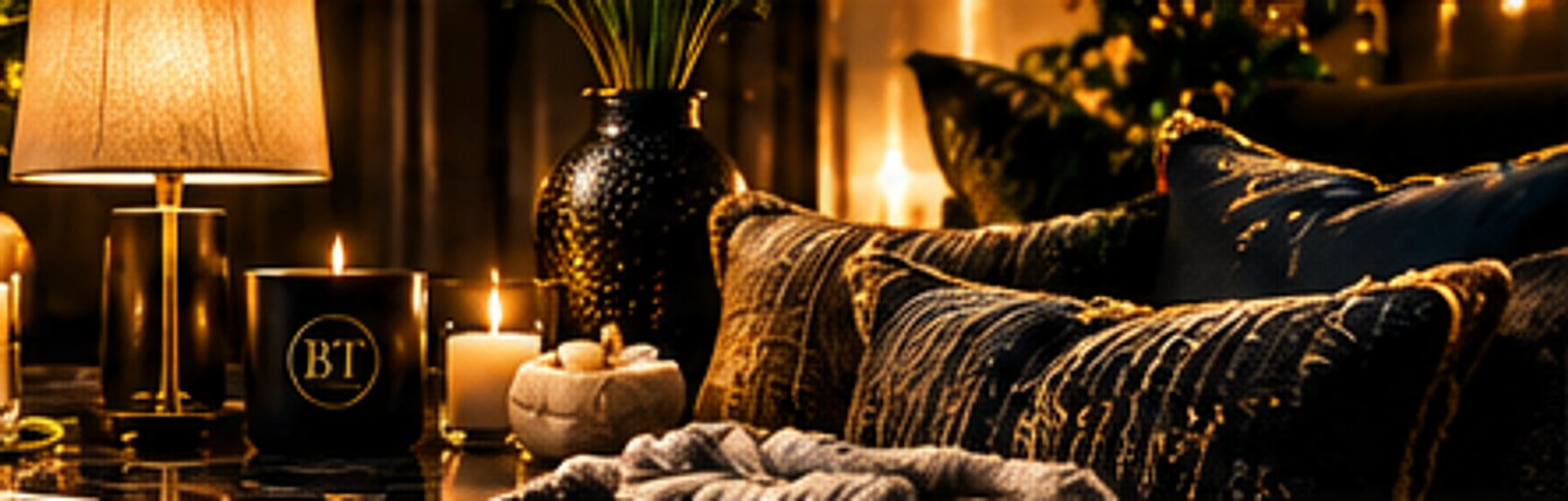 A warm table lamp, a lit black BT candle and pillar candles, a black vase of grasses and gold-woven cushions on a dark sofa, on lit black marble.