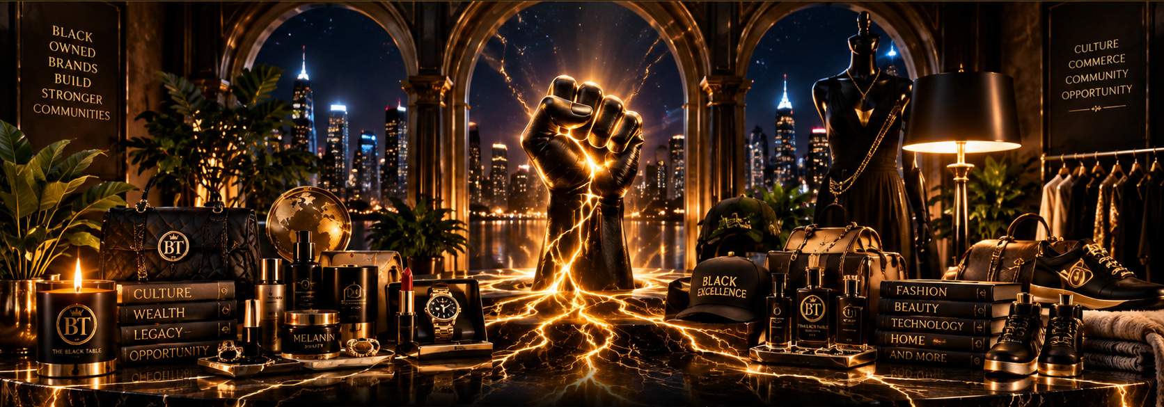 The Full Table — the marketplace table set with beauty, fashion, technology and home pieces from Black-owned brands, the raised fist at its centre lit by gold energy running through the marble.